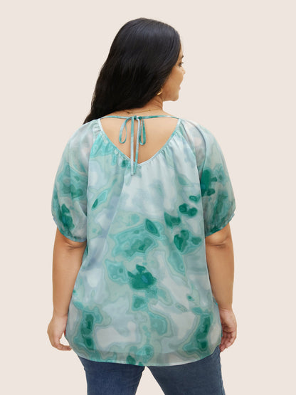 Synthetic Texture Raglan Sleeve Gathered Blouse