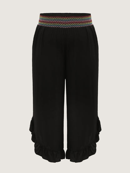 Colorful Shirred Waistband Ruffled Hem Pants