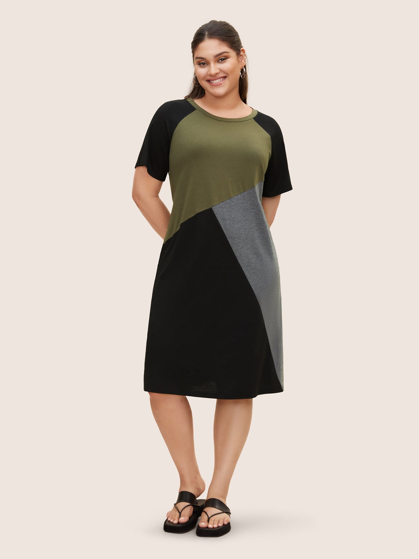 Round Neck Colorblock Contrast Raglan Sleeve Dress