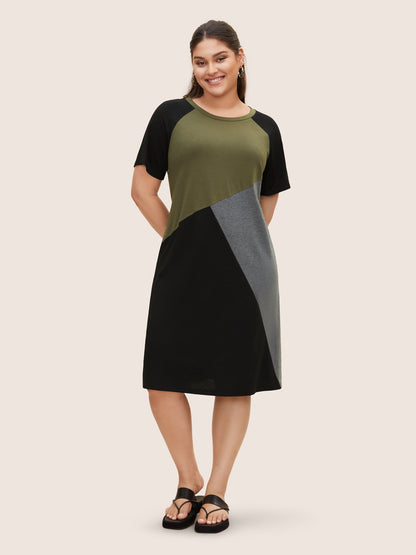 Round Neck Colorblock Contrast Raglan Sleeve Dress