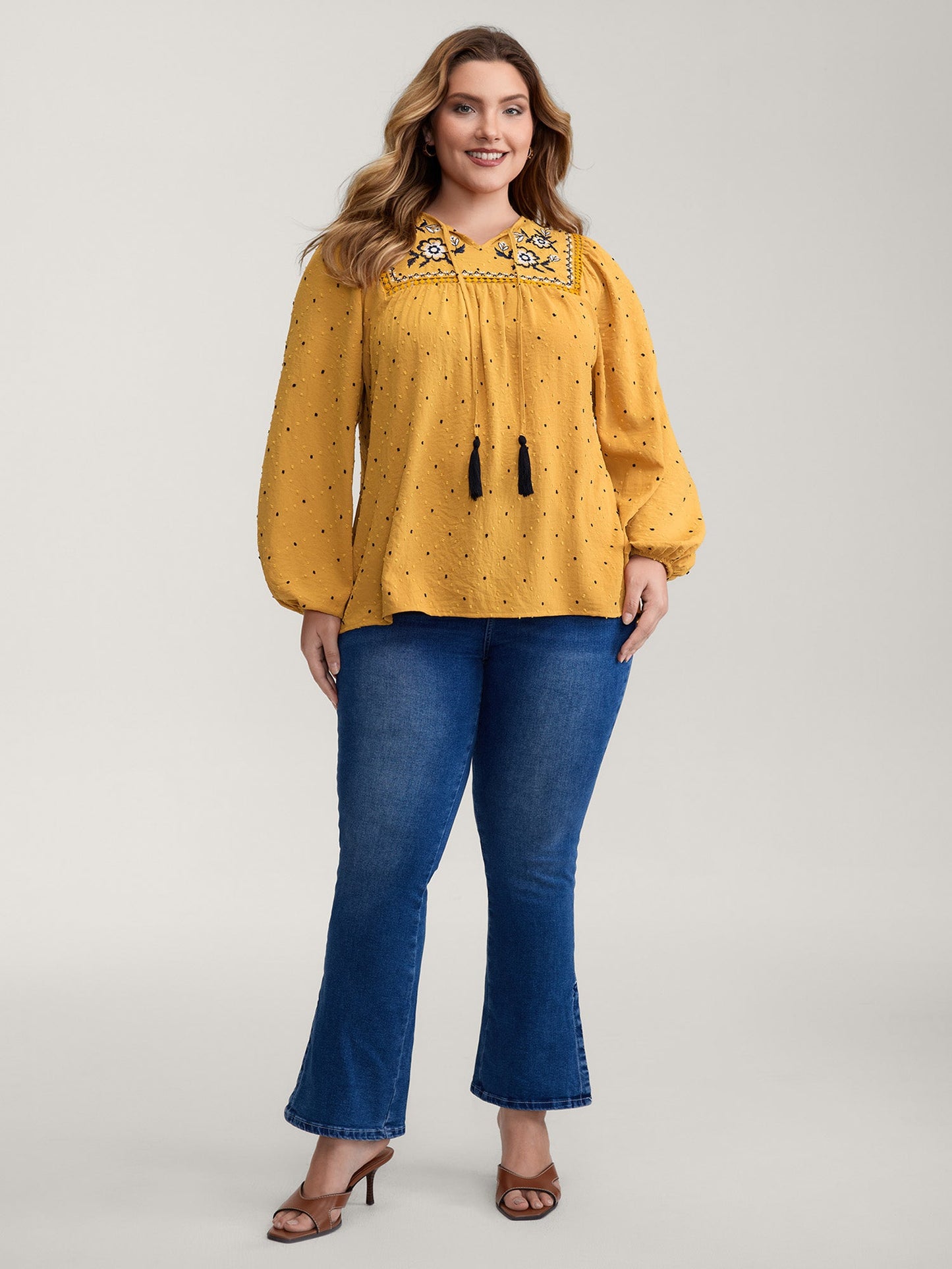 Textured Dot Embroidered Tassel Flowy Blouse