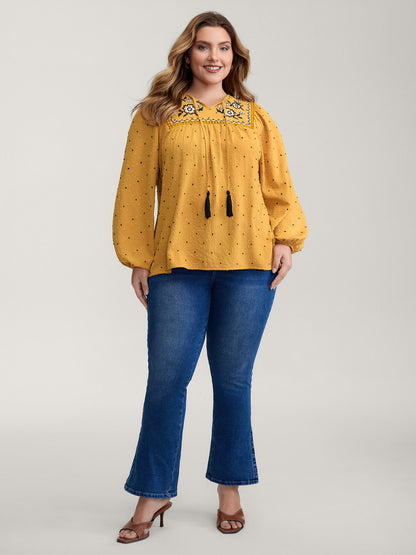 Textured Dot Embroidered Tassel Flowy Blouse