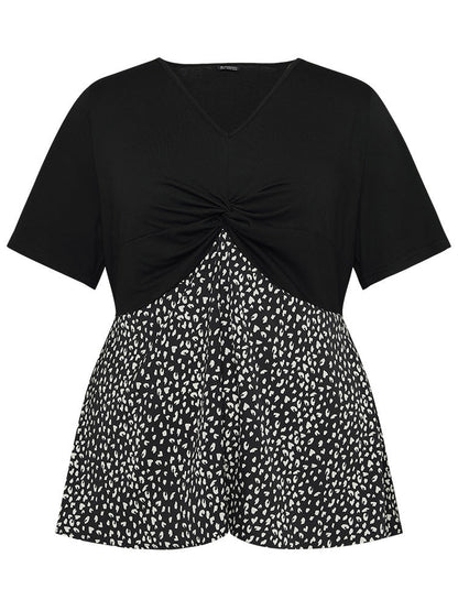 Leopard Patchwork Twist Ruffle Sleeve Blouse