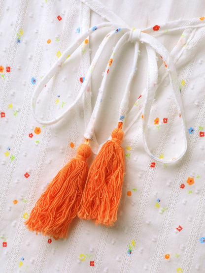 Cotton Colorful Embroidered Tassels Solid Blouse