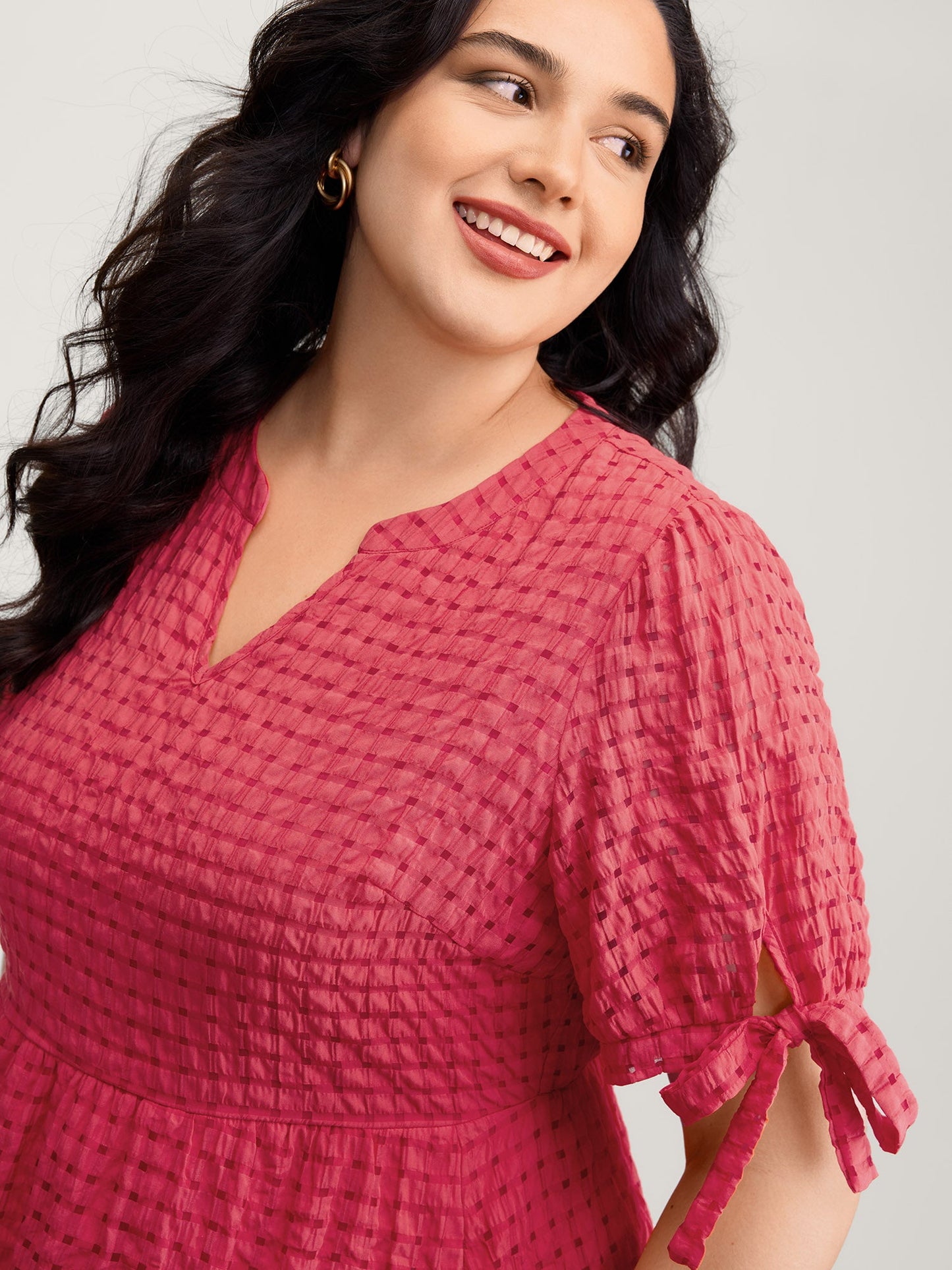 Check Textured Knot Sleeve Knee-Length Dress