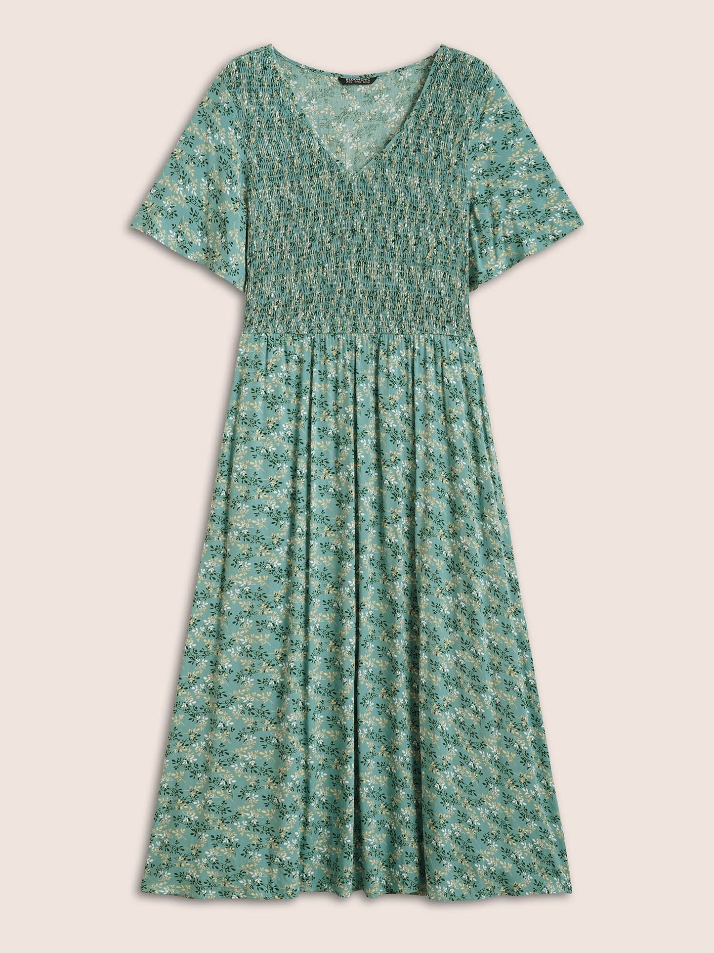 Rayon Ditsy Floral V Neck Shirred Dress
