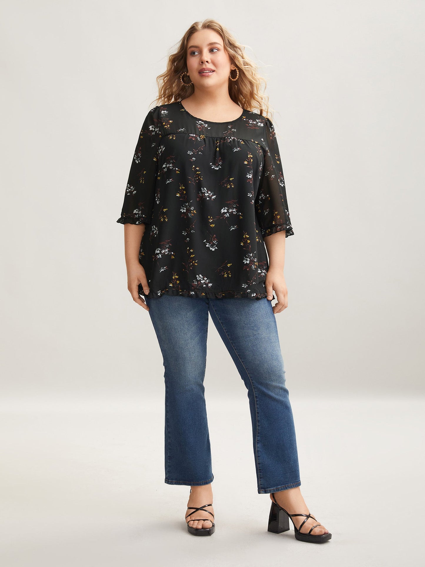 Floral Print Sheer Ruffled Trim Sleeve Shirt