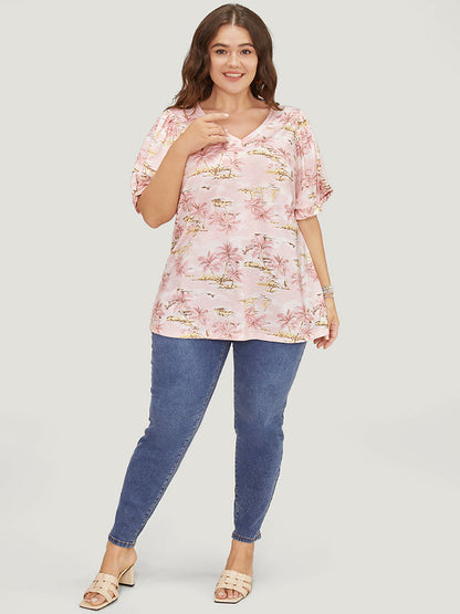 Coconut Tree Print Gathered Twist Sleeve T-shirt