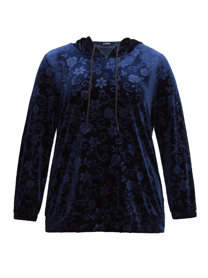 Velvet Solid Floral Hooded Drawstring Sweatshirt