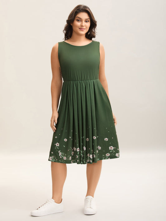 Floral Hem Print Cinched-Waist Midi Dress