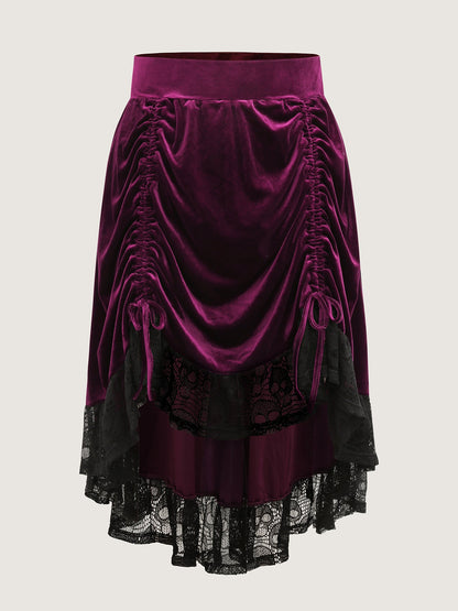 Velvet Lace Ruffled Gathered Midi Skirt