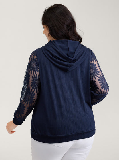 Sheer Lace Sleeve Textured Hoodie