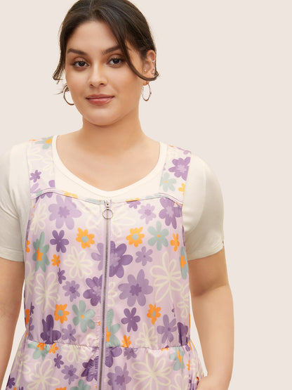 Contrast Floral Zipper Sleeveless Midi Dress