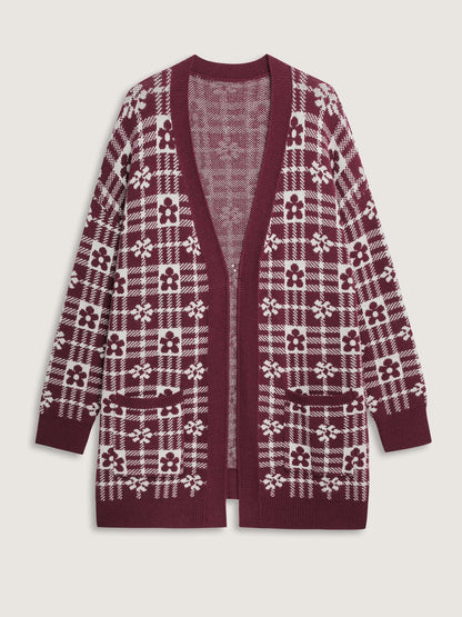 Supersoft Floral Checkered Pockets Knit Cardigan