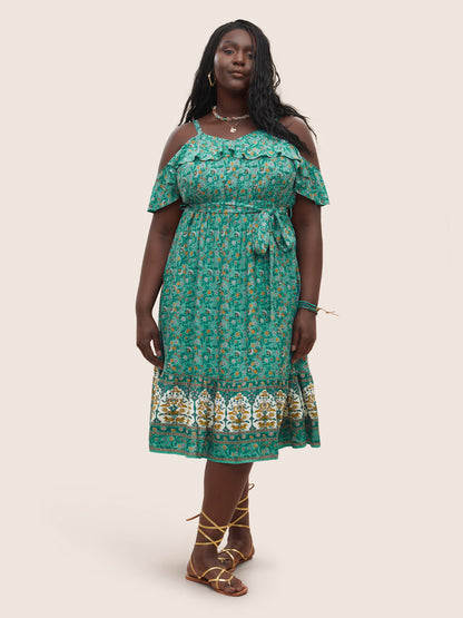 Bandana Ruffles Belted Cold Shoulder Dress