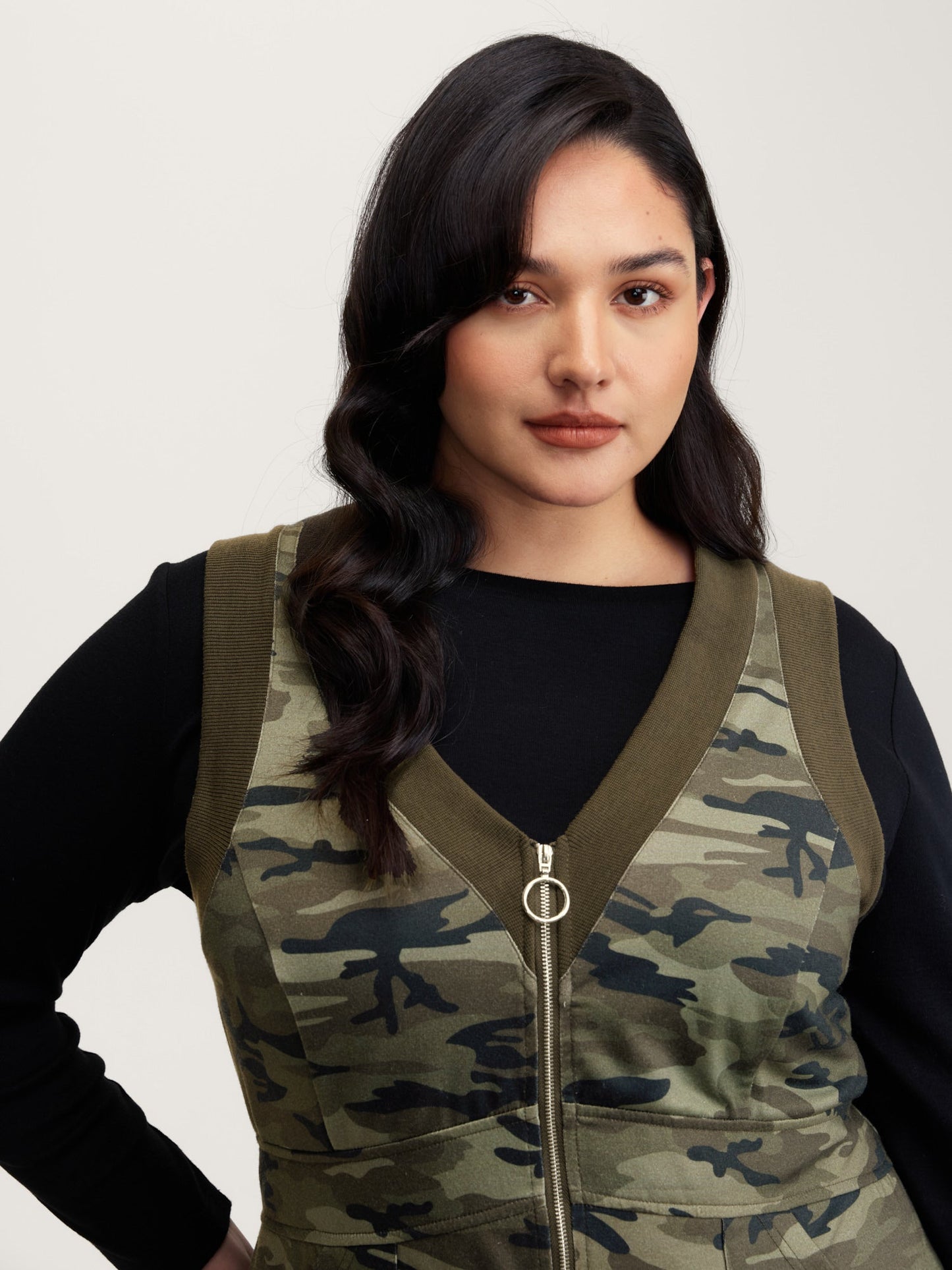 Camouflage Print Zipper Front Pockets Midi Dress