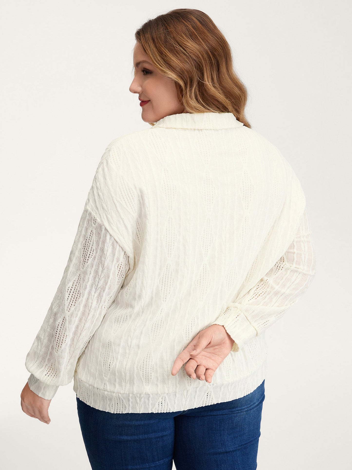 Textured Lapel Collar Stretchy Hem Sweatshirt