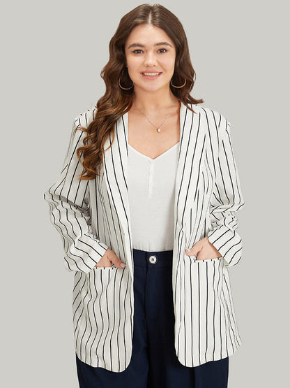 Striped Pocket Gathered Lapel Collar Blazer