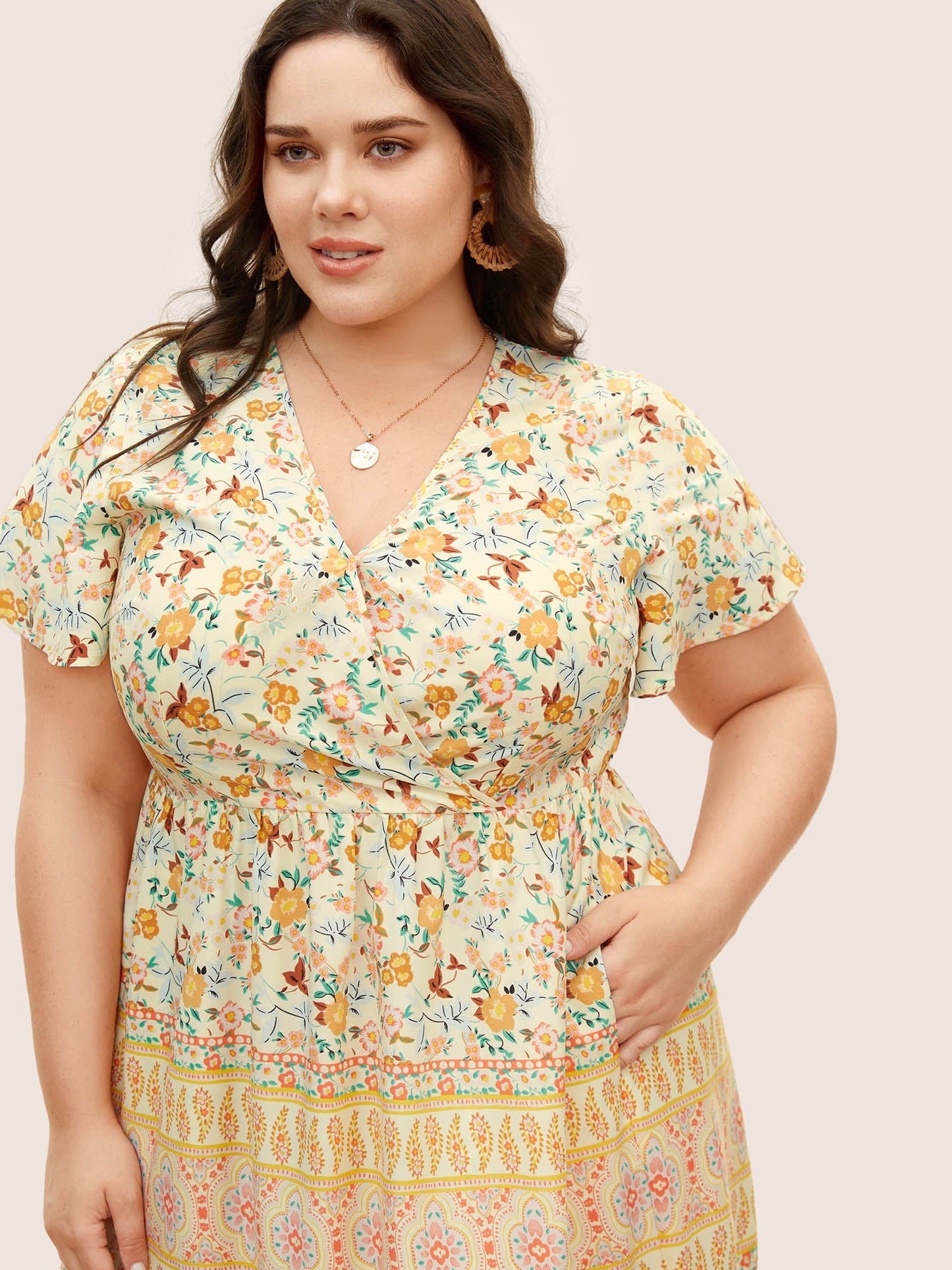 Overlap Collar Boho Print Ruffle Sleeve Dress