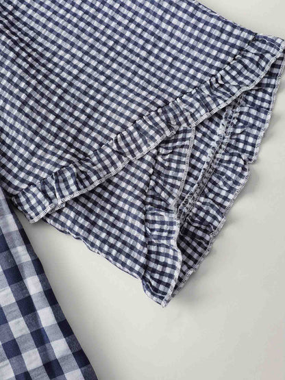 Checkered Print Flared Overlap Sleeve Blouse