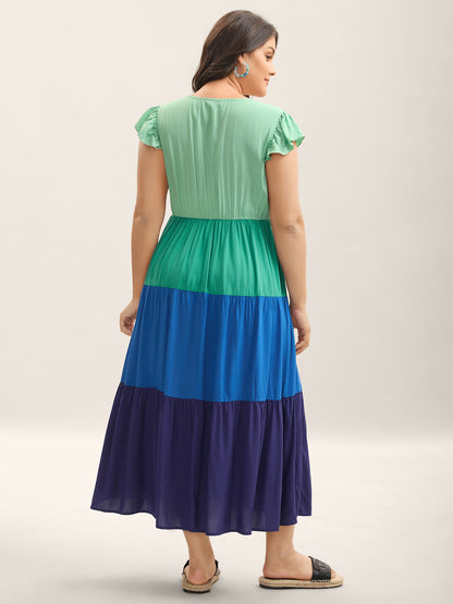 Color Block Flutter Sleeve Pockets Midi Dress