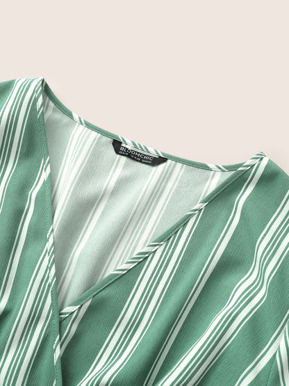 Striped Elastic Waist Belted Wrap Dress