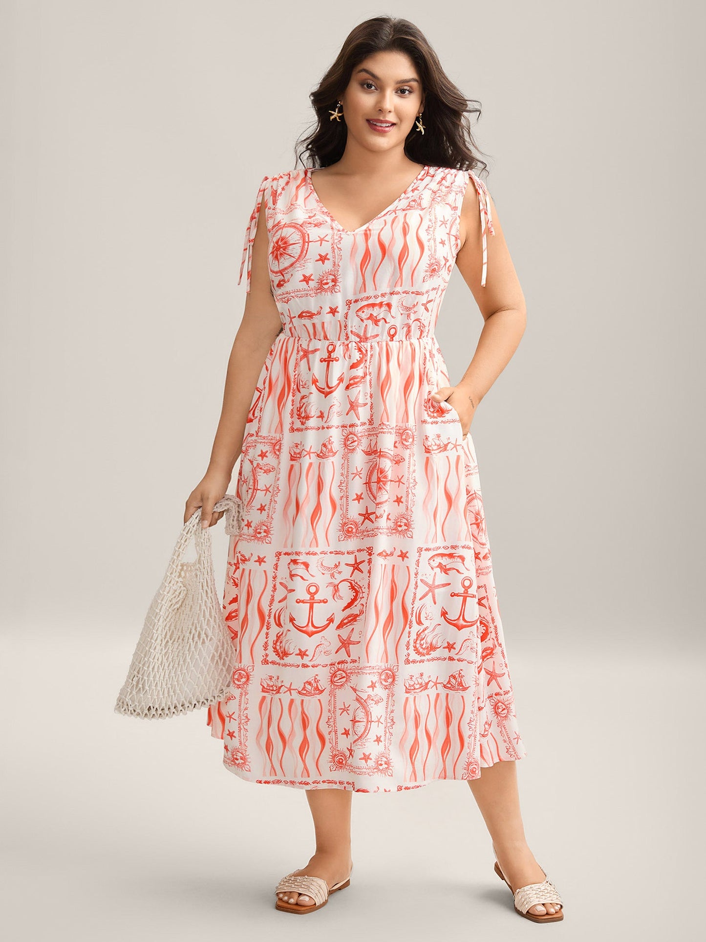 Nautical Print Sleeveless Ties Pockets Maxi Dress