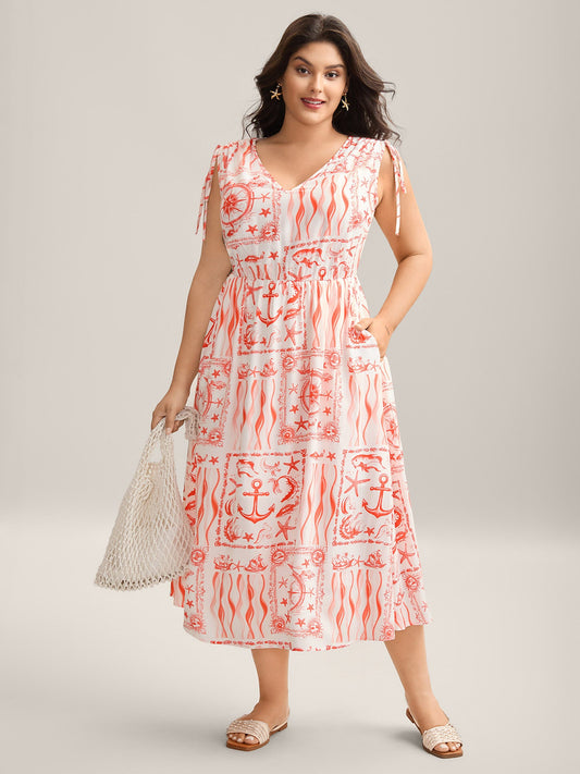 Nautical Print Sleeveless Ties Pockets Maxi Dress