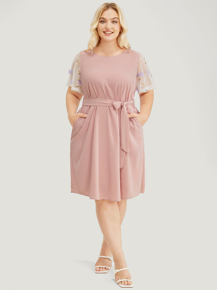 Floral Mesh Sleeve Flutter Pocket Belt Knee Dress