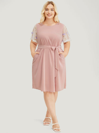 Floral Mesh Sleeve Flutter Pocket Belt Knee Dress