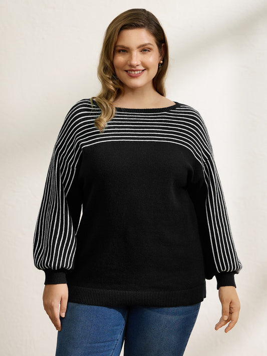 Stripe Boat Neck Balloon Sleeve Pullover