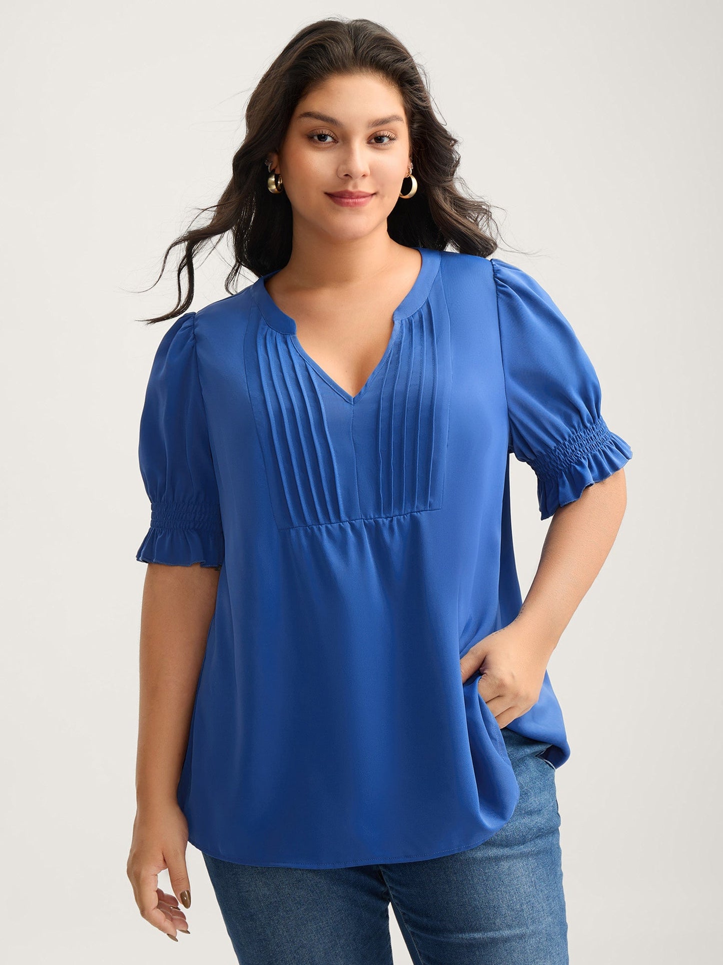 Shirred Cuffs Pintuck Pleats Solid Blouse