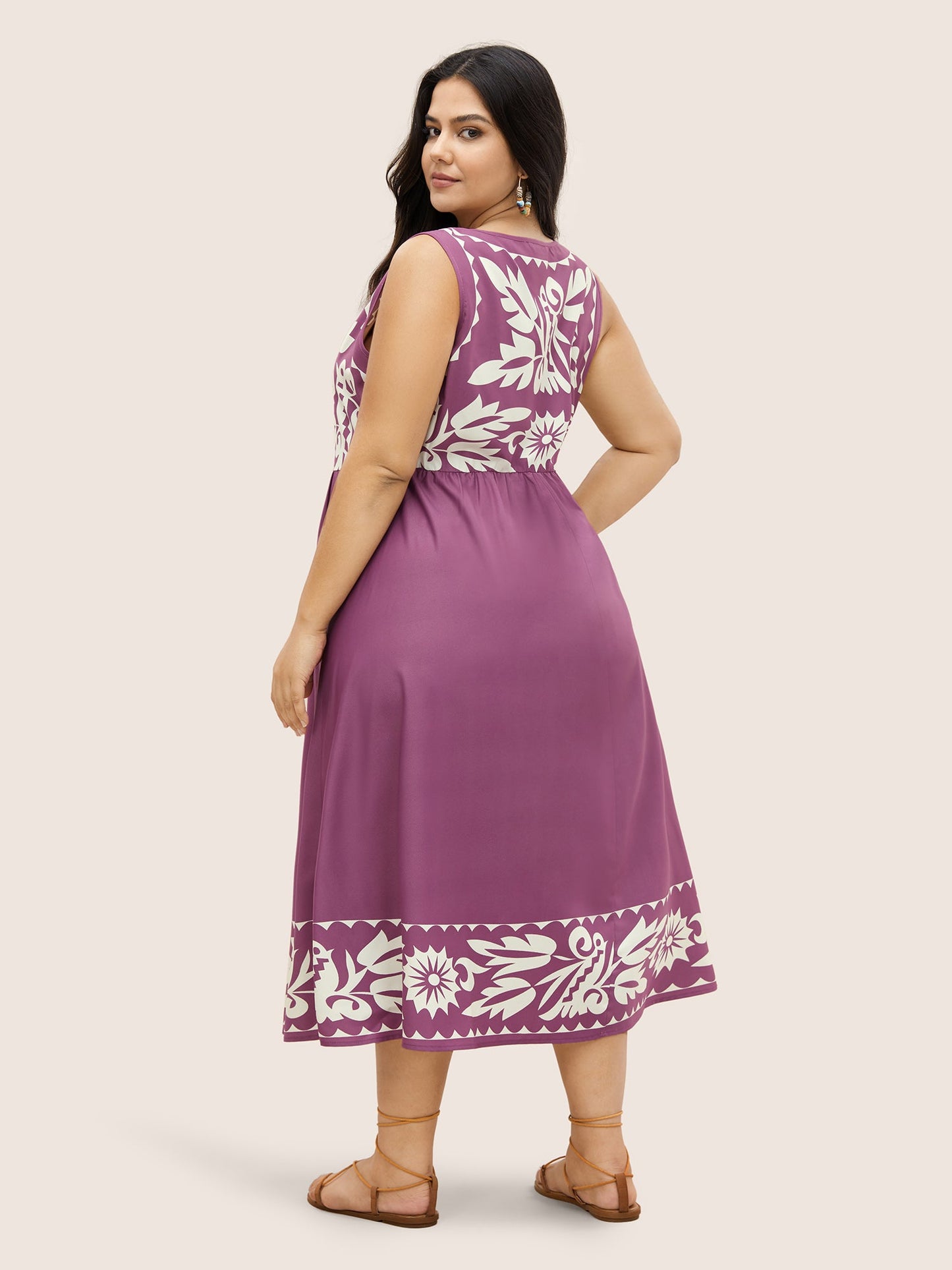 Boho Print Square Neck Elastic Waist Tank Dress