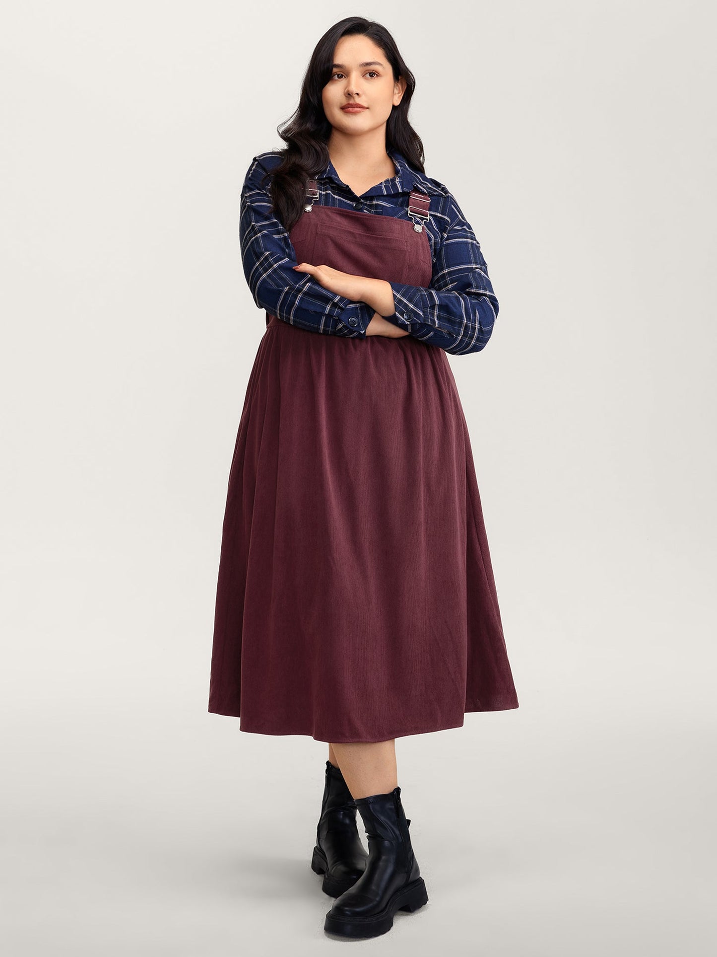 Corduroy Overall Straps Stretchy Back Midi Dress