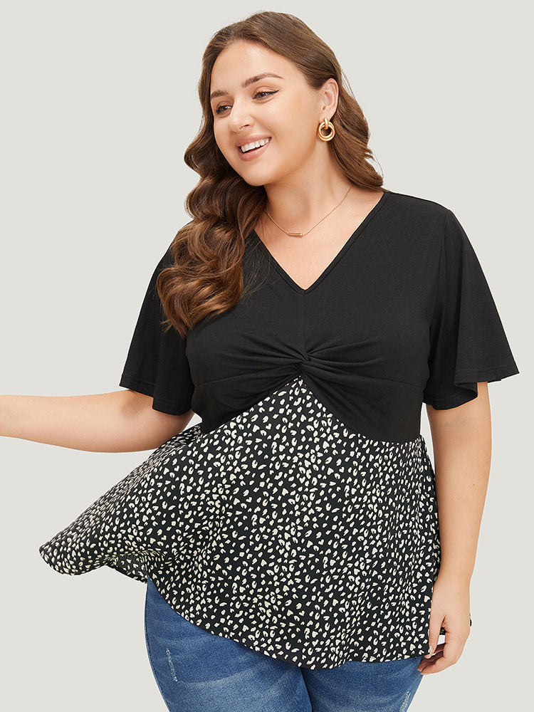 Leopard Patchwork Twist Ruffle Sleeve Blouse