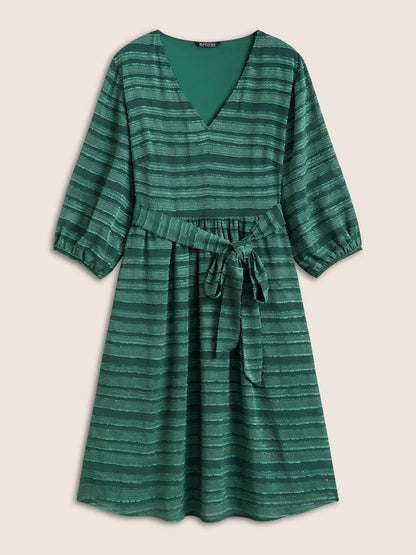 Striped Plisse Ties Pocket Lantern Sleeve Dress
