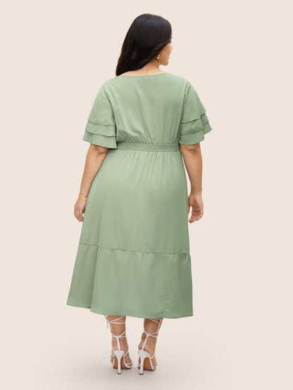Square Neck Shirred Tiered Ruffle Sleeve Dress