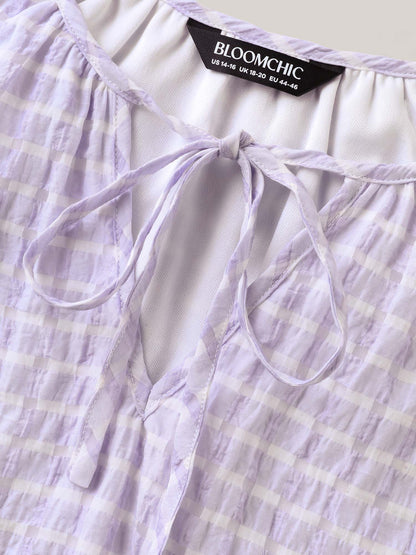 Grid Textured Keyhole Tie Blouse