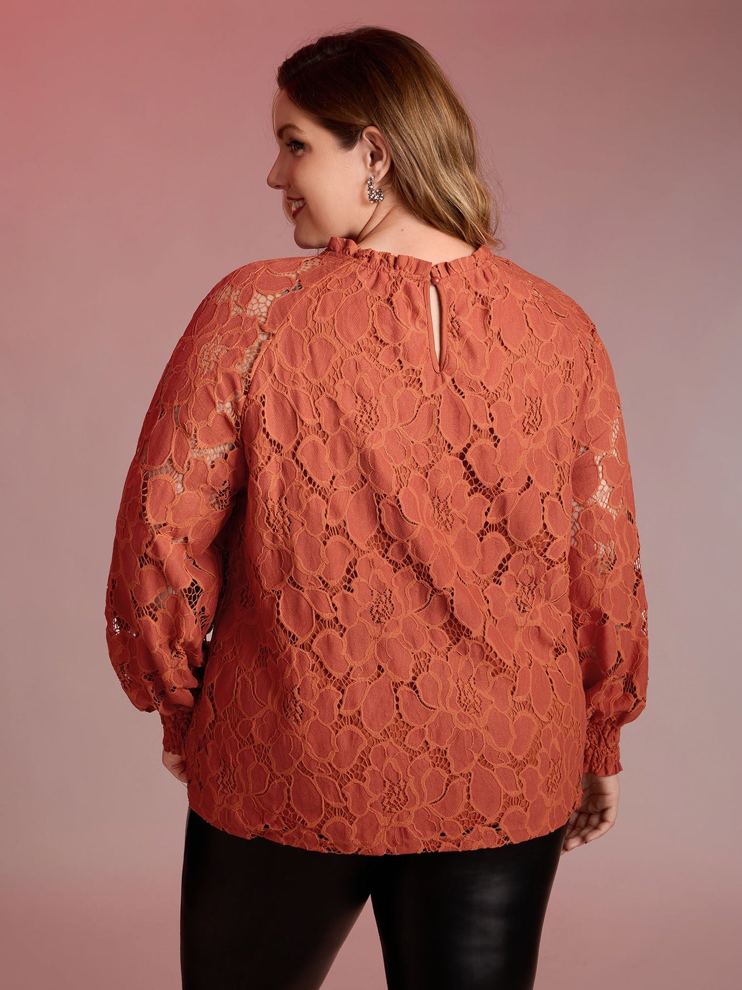 Lace Ruffled Neckline Shirred Blouse