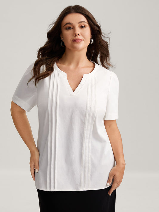 Toothpick Pleats Notched Collar Solid Blouse