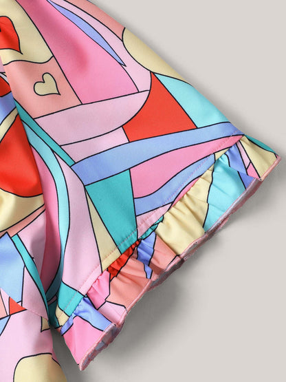 Abstract Pattern Petal Trim V-Neck Blouse