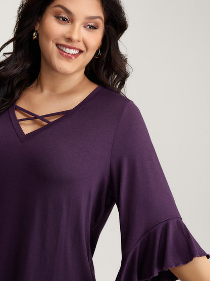 Supersoft Drawstring Neckline Ruffled Sleeve Knit Top