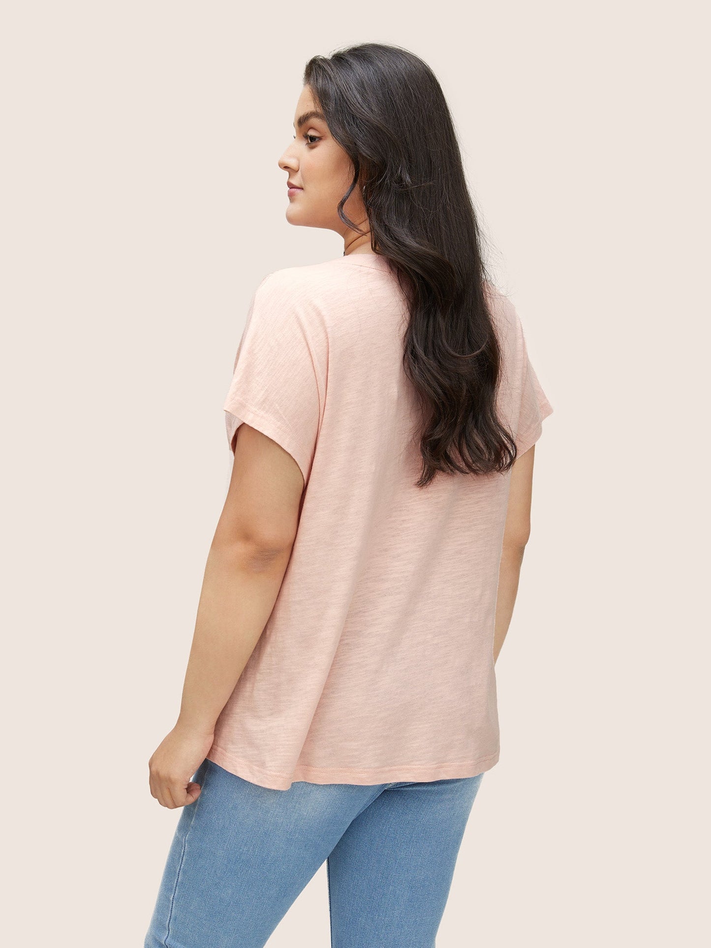 Cotton Solid Notched Dolman Sleeve T-shirt