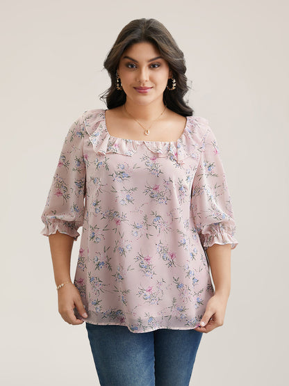 Chiffon Printed Ruffled Shirt