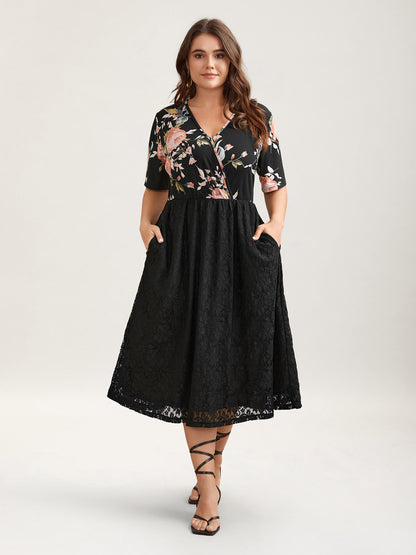 Floral Panel Surplice Pockets Midi Dress