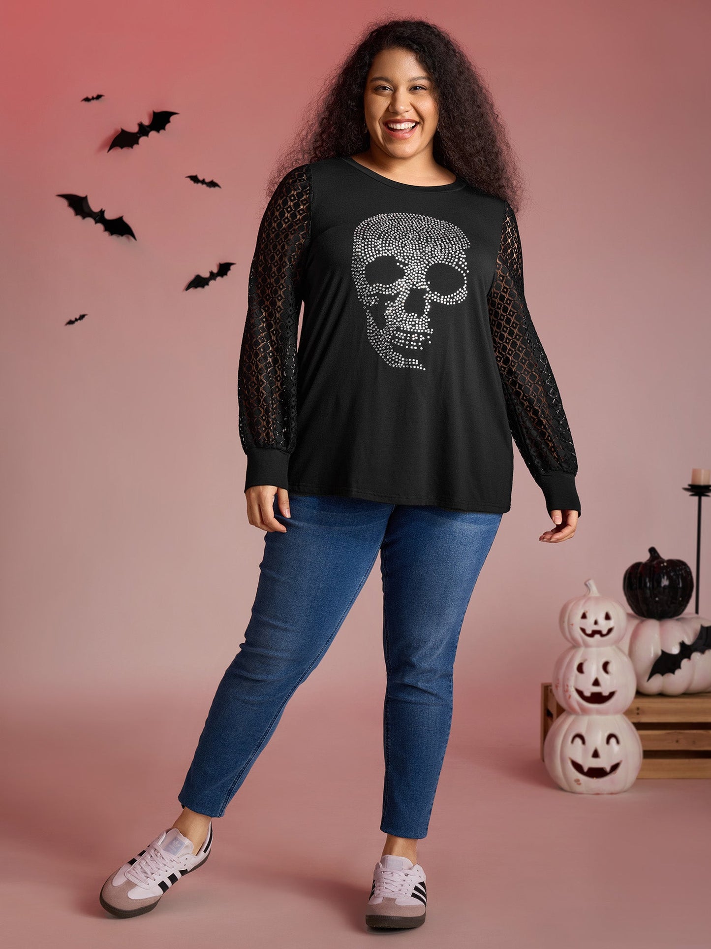 Halloween Skull Shimmery Rhinestones Lace T-Shirt
