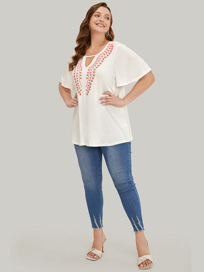 Floral Embroidered Ruffle Sleeve Keyhole Neck T-shirt