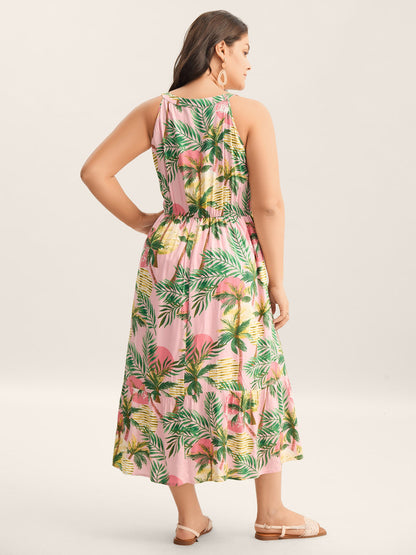 Tropical Print Cinched-Waist Pockets Midi Dress