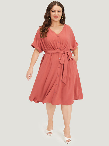 Solid Pocket Button Detail Ties Roll Sleeve Dress