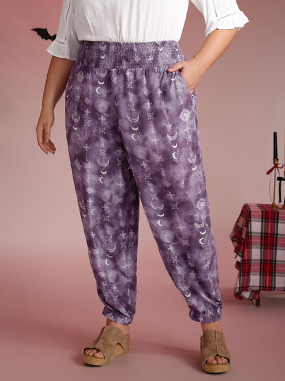 Starry Print Shirred Wide Waistband Pants